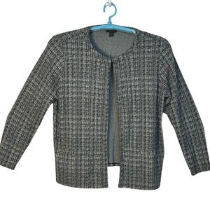 J Jill Wearever Collection‎ Sweater Black Gray Plaid Knit Open Front Cardigan LP